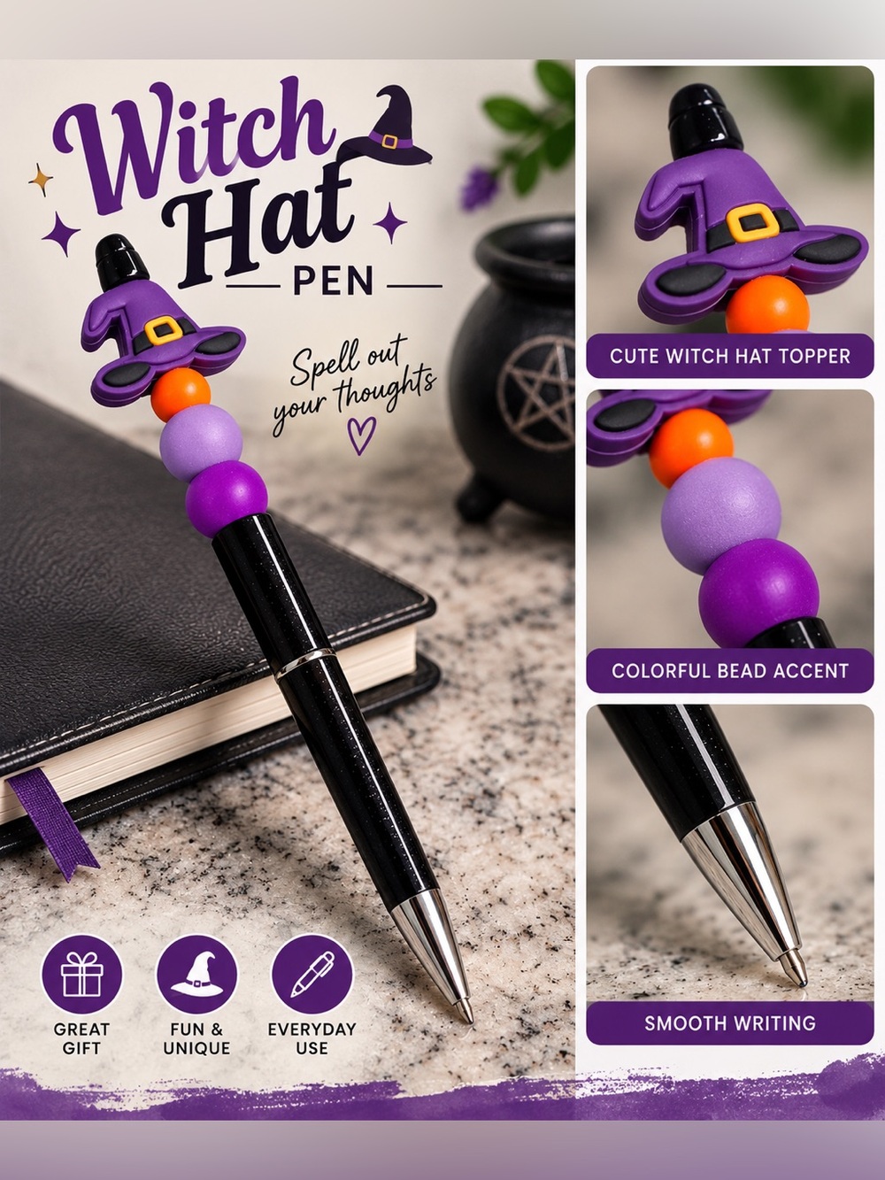Novelty Purple Witch Hat Ballpoint Pen with Bead Charms